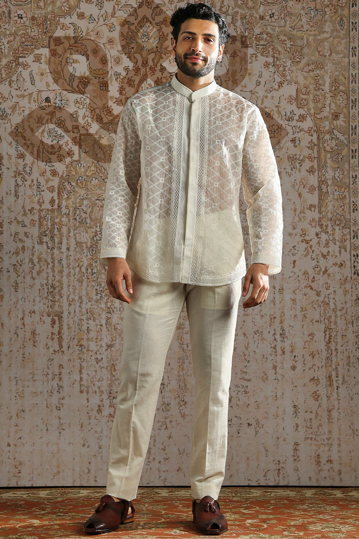 Cream Subtle Motif Bandhgala Set