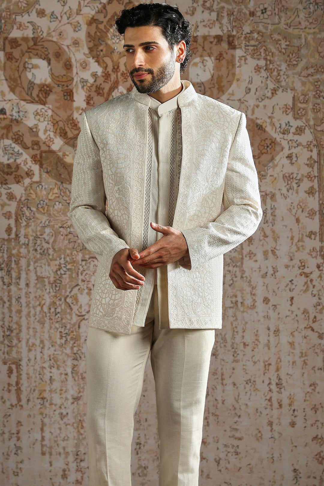 Cream Subtle Motif Bandhgala Set