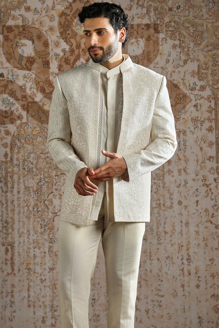 Cream Subtle Motif Bandhgala Set