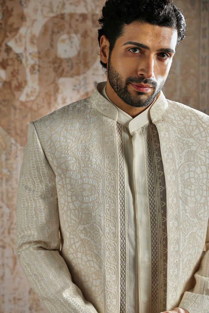 Cream Subtle Motif Bandhgala Set