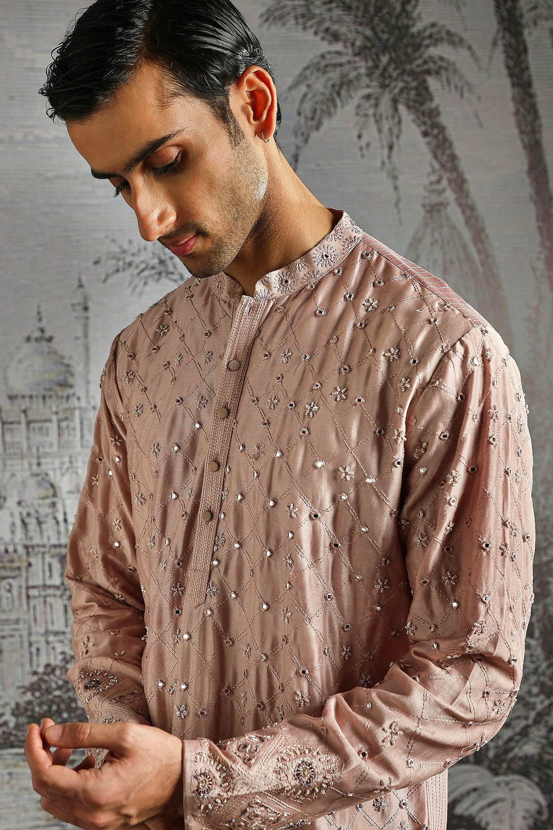 Blush Pink Self-Textured Heritage Kurta Set