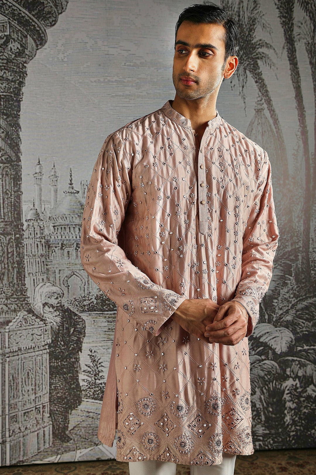 Blush Pink Self-Textured Heritage Kurta Set