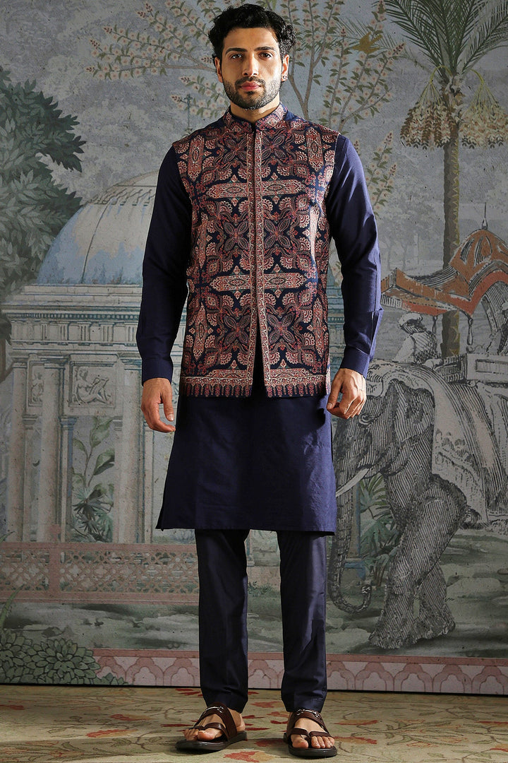 Persian Motif Navy Kurta Bundi Set