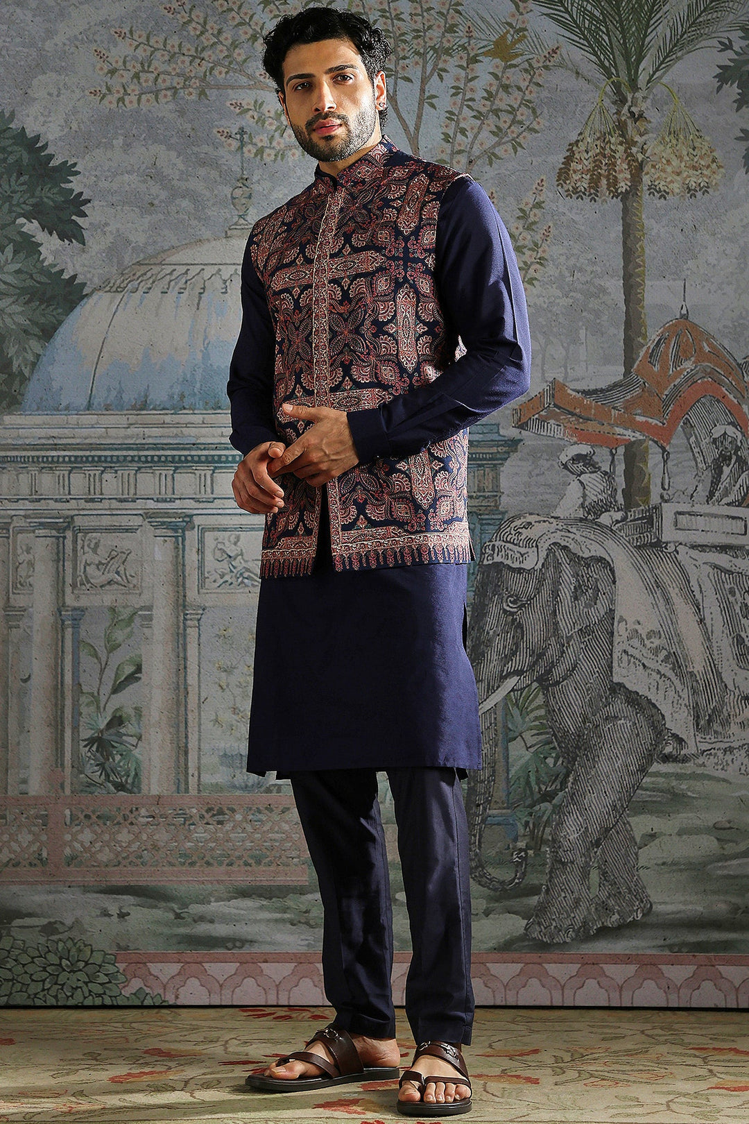 Persian Motif Navy Kurta Bundi Set