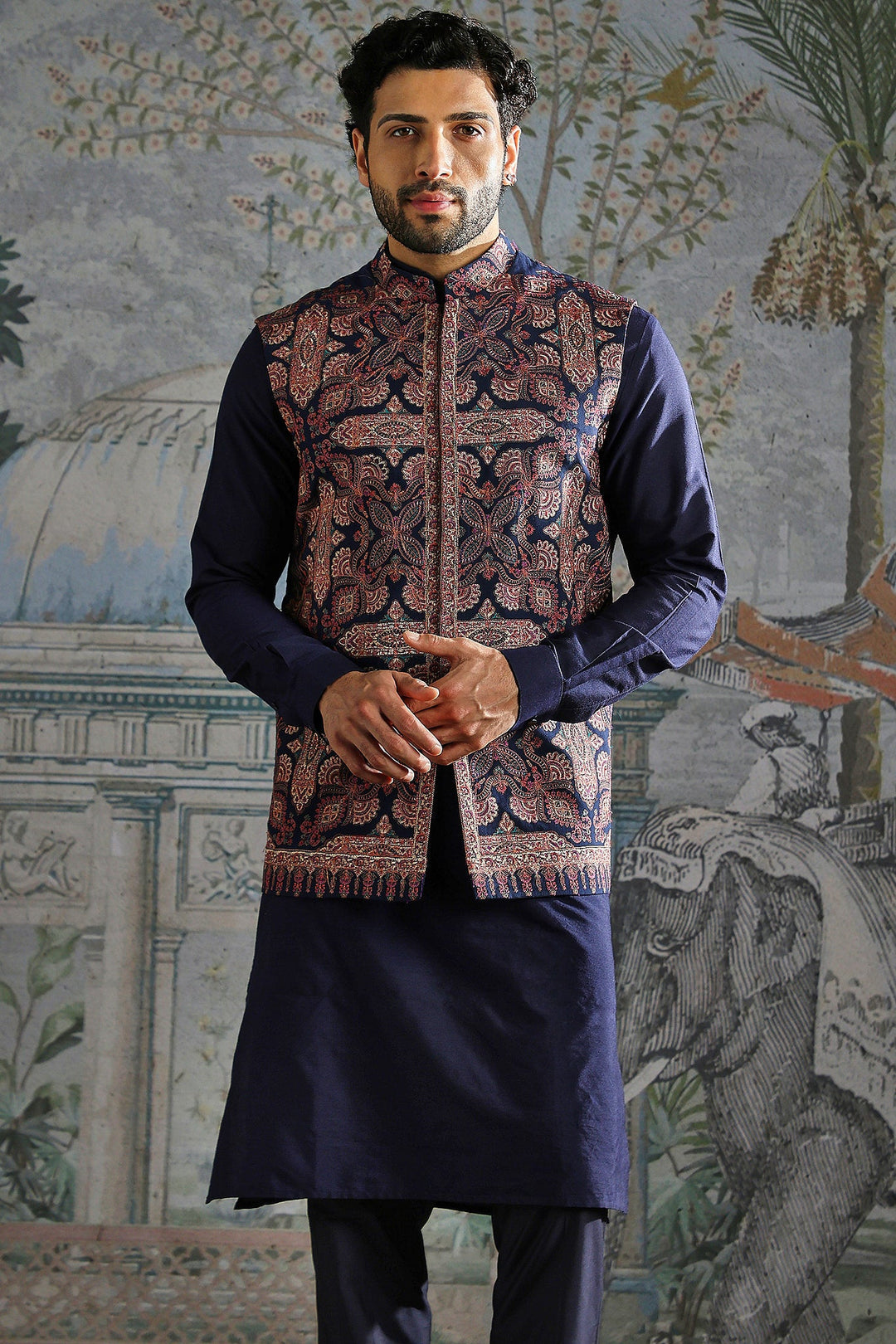 Persian Motif Navy Kurta Bundi Set