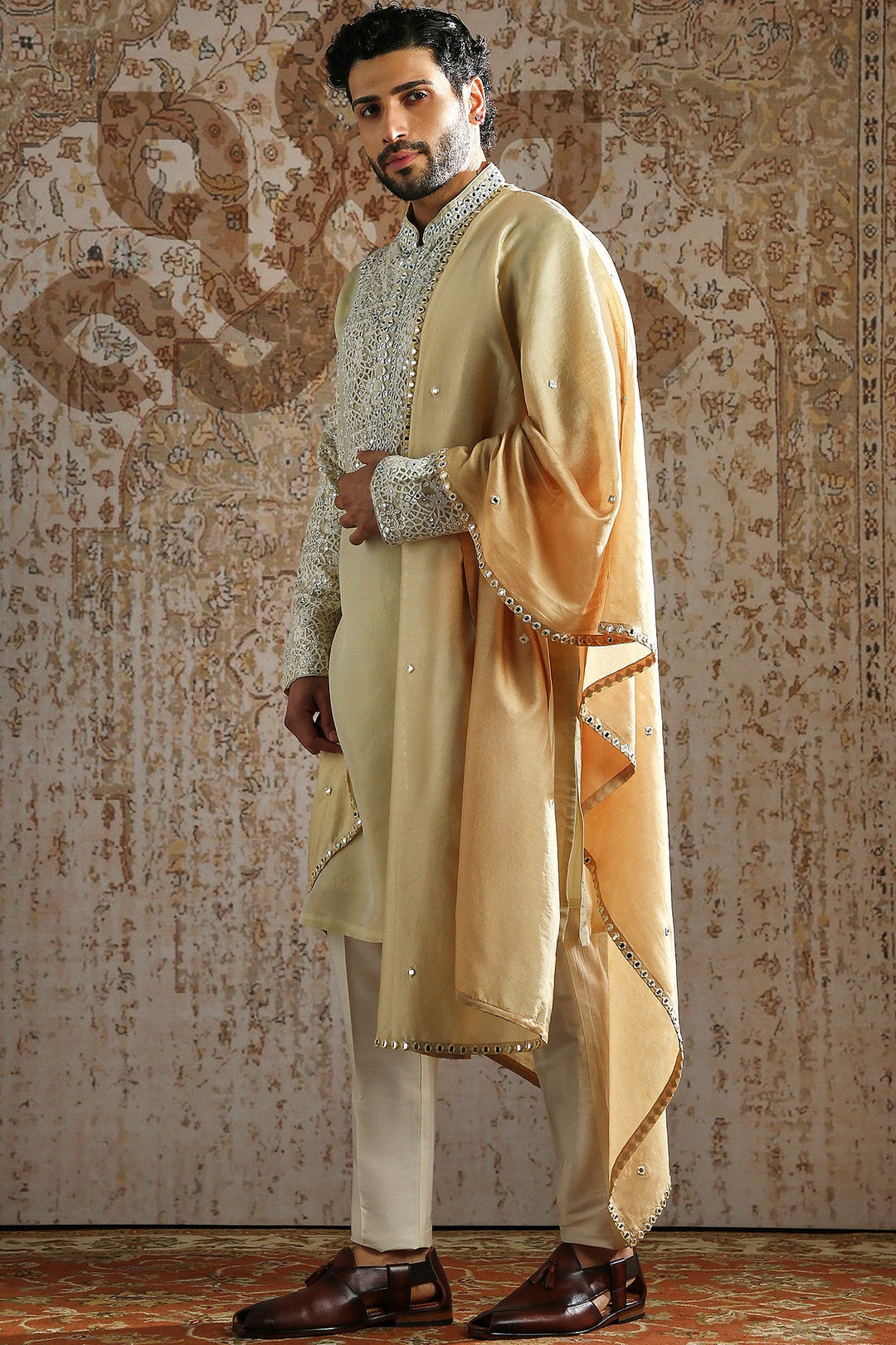 Honey Gold Embroidered Royal Kurta Set