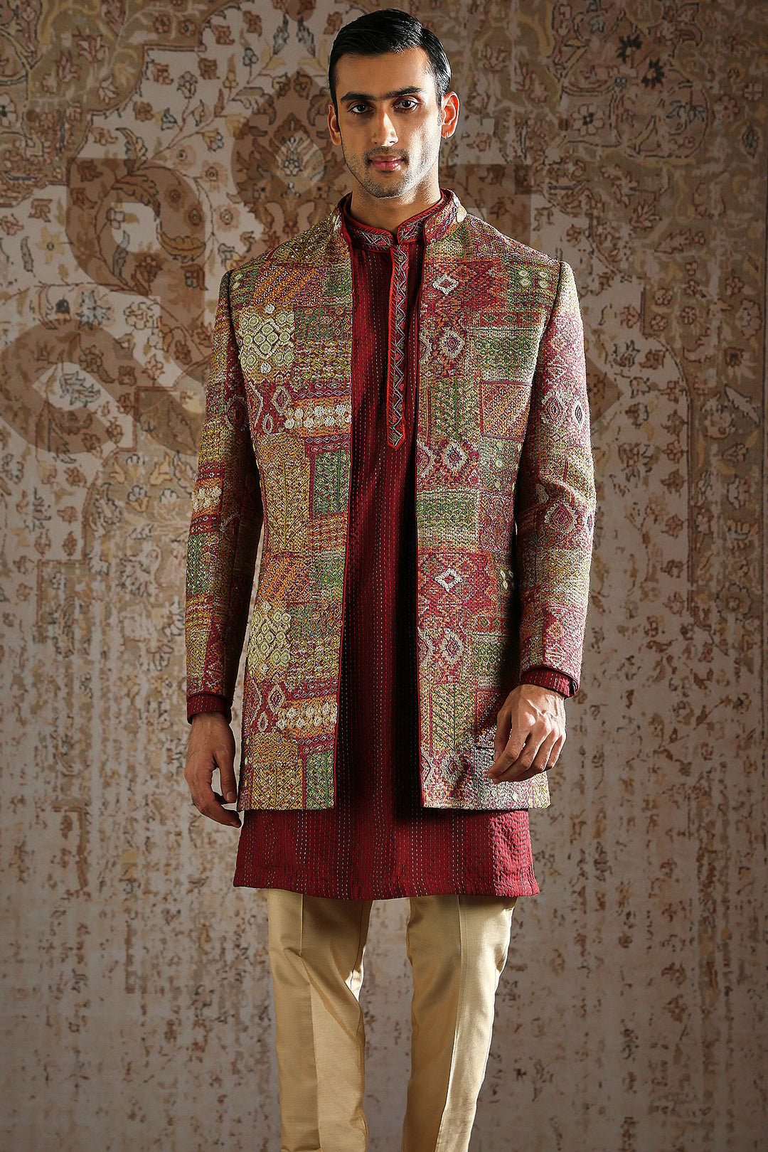 Maroon Pashmina Embroidered Indowestern Set