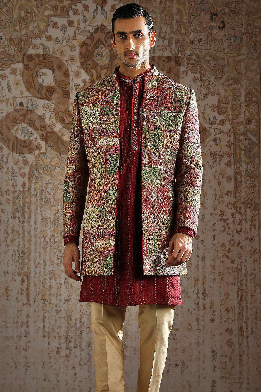 Maroon Pashmina Embroidered Indowestern Set