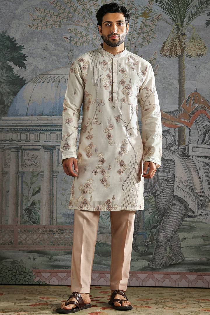 Ivory Rose-Gold Floral Embroidered Kurta Set