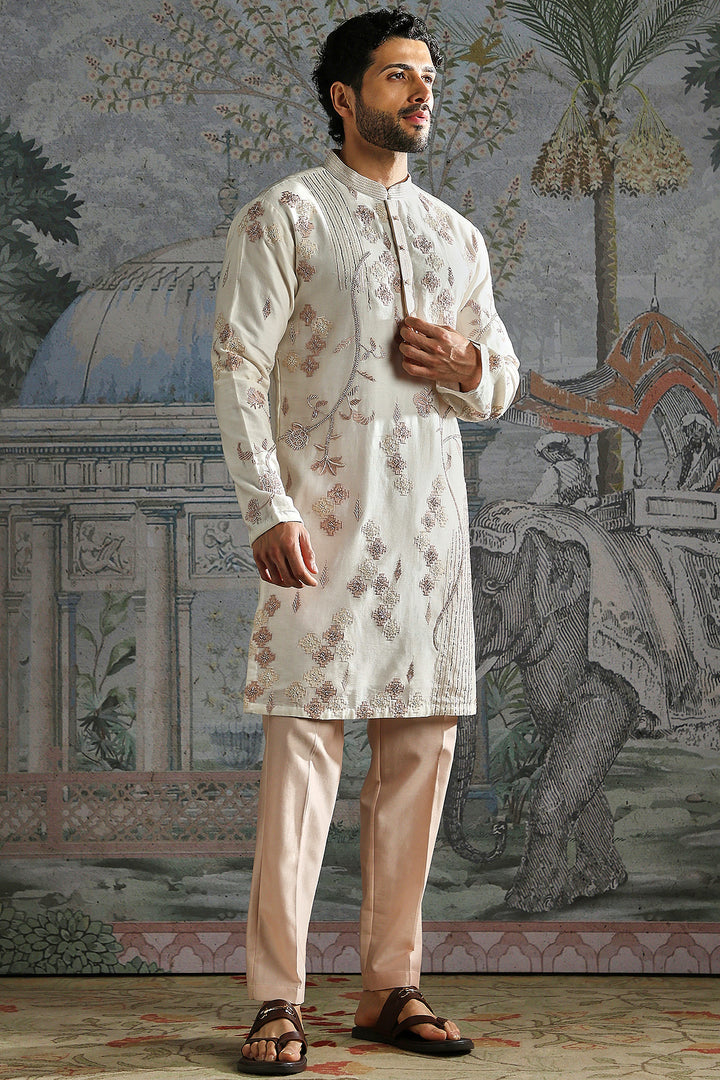 Ivory Rose-Gold Floral Embroidered Kurta Set