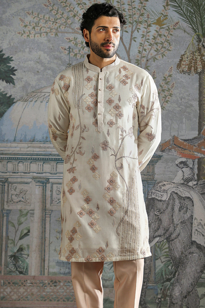 Ivory Rose-Gold Floral Embroidered Kurta Set
