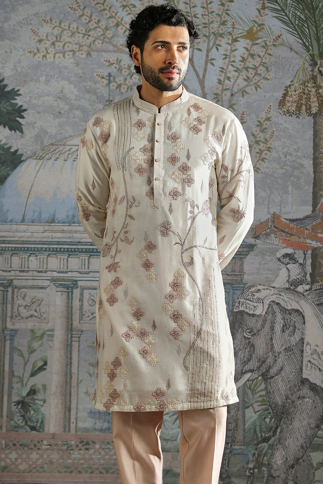 Ivory Rose-Gold Floral Embroidered Kurta Set