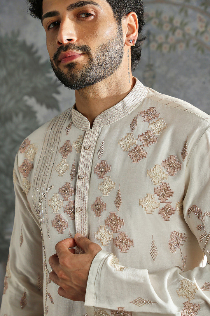 Ivory Rose-Gold Floral Embroidered Kurta Set