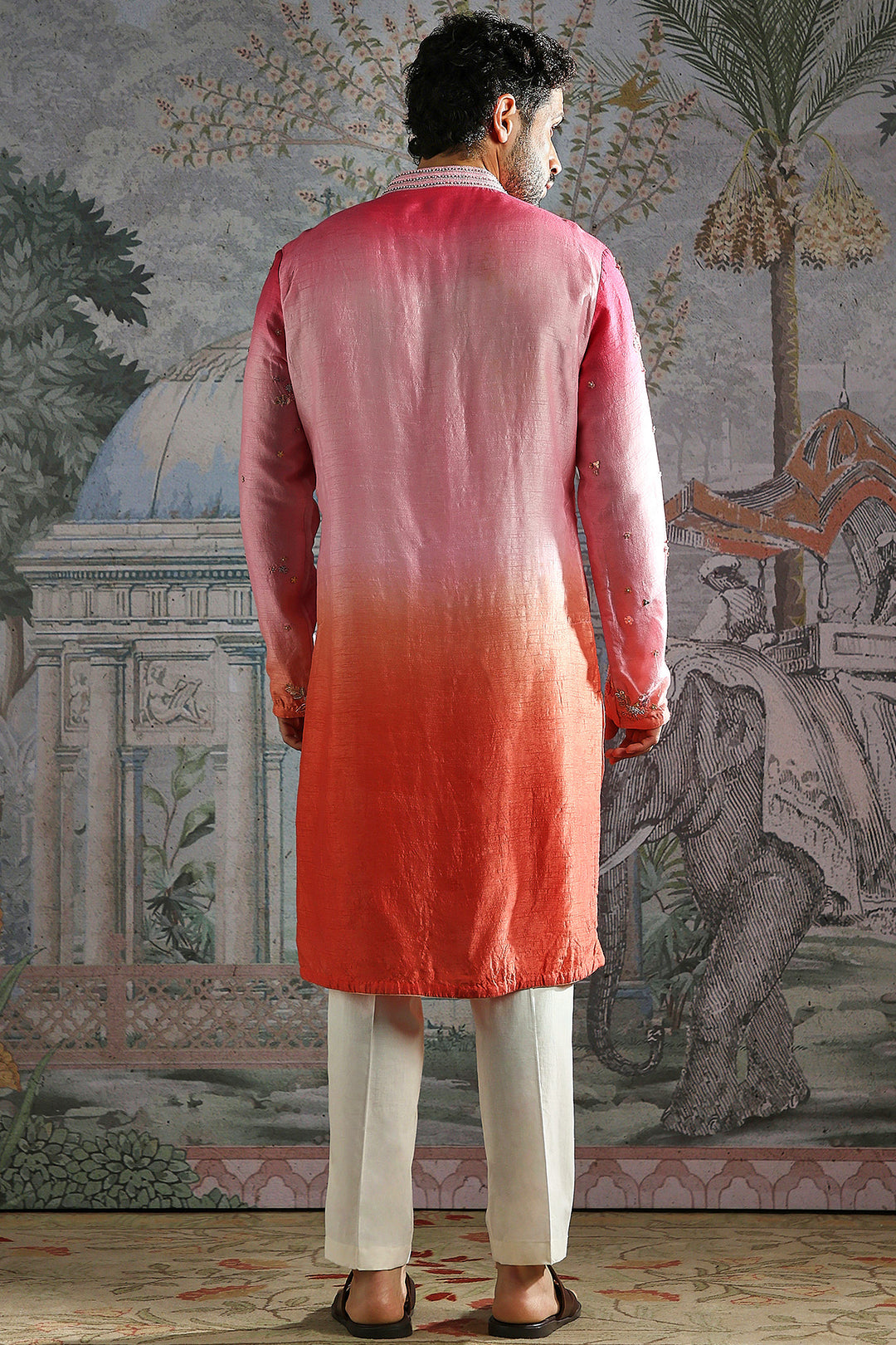Ombre Pink-Orange Embroidered Kurta Set