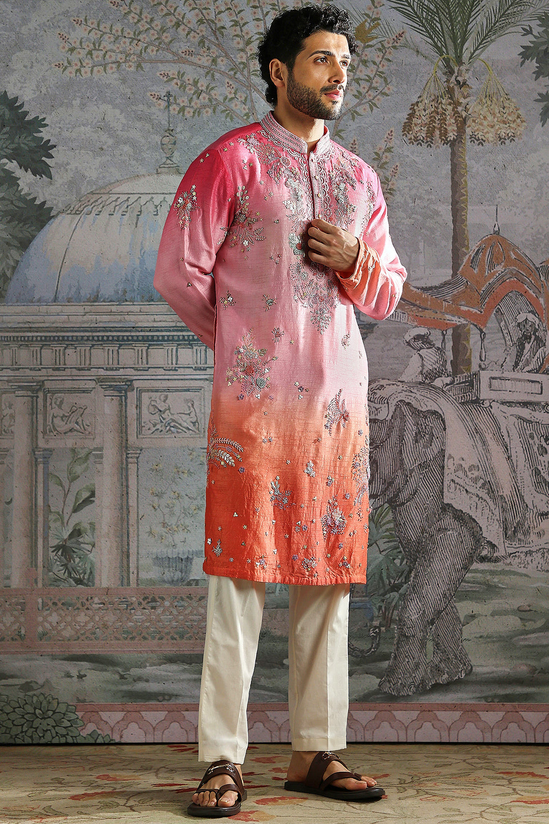 Ombre Pink-Orange Embroidered Kurta Set