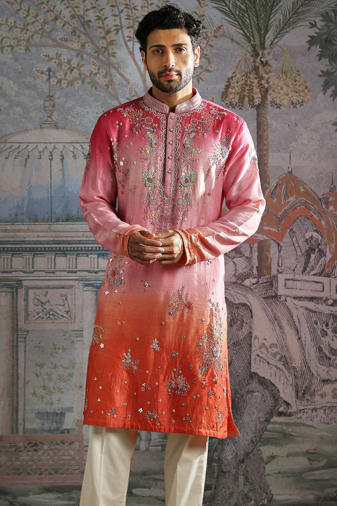 Ombre Pink-Orange Embroidered Kurta Set