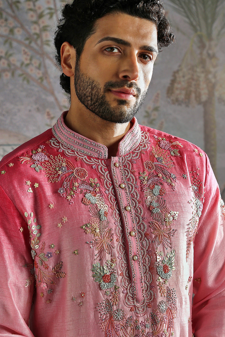 Ombre Pink-Orange Embroidered Kurta Set