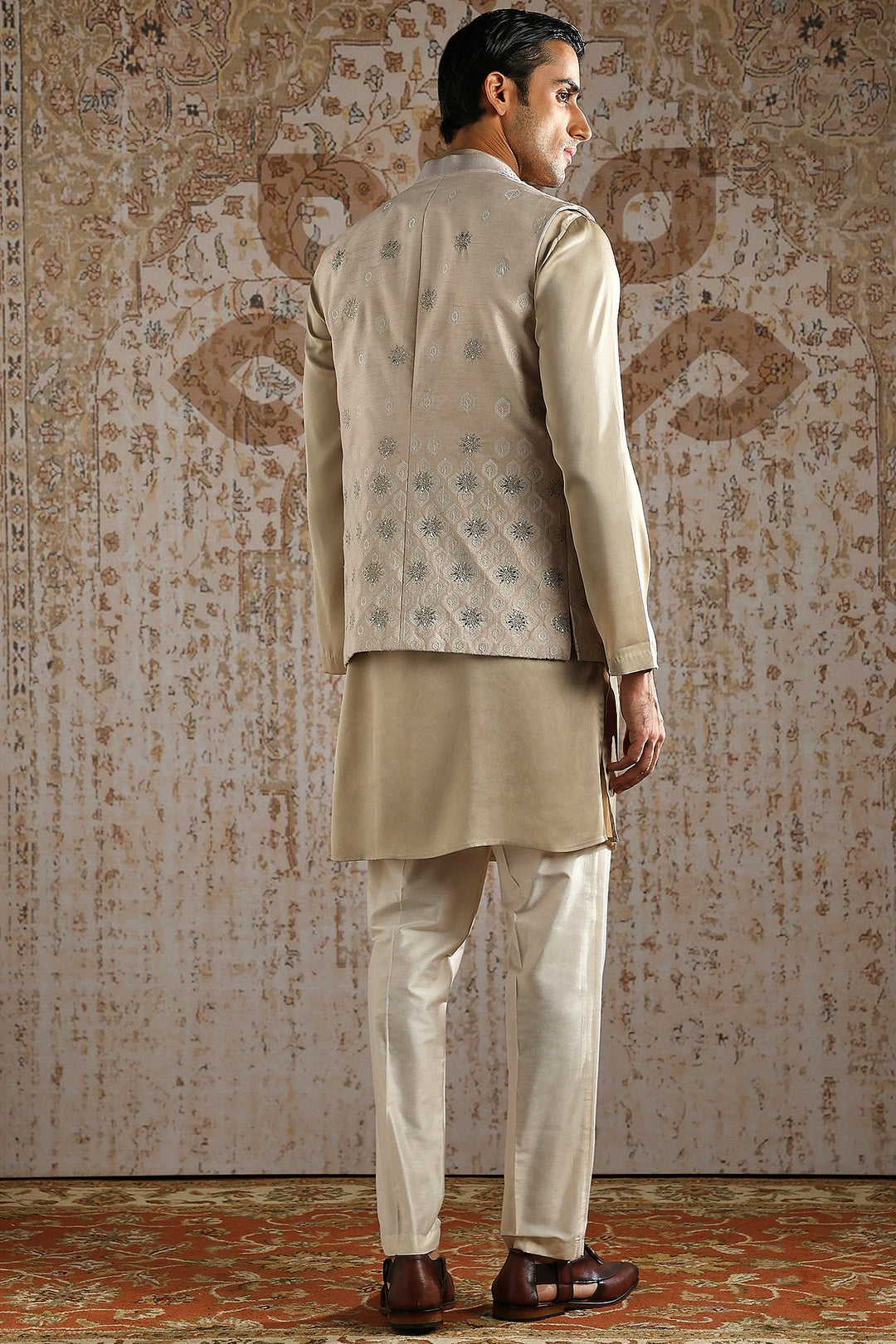 Champagne Draped Kurta with Heavy Embroidered Bundi Set