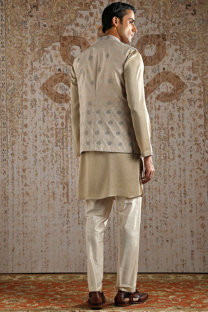 Champagne Draped Kurta with Heavy Embroidered Bundi Set