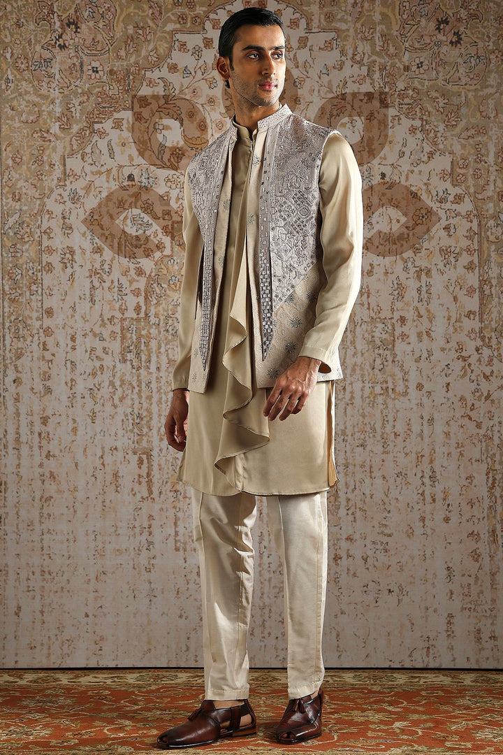 Champagne Draped Kurta with Heavy Embroidered Bundi Set