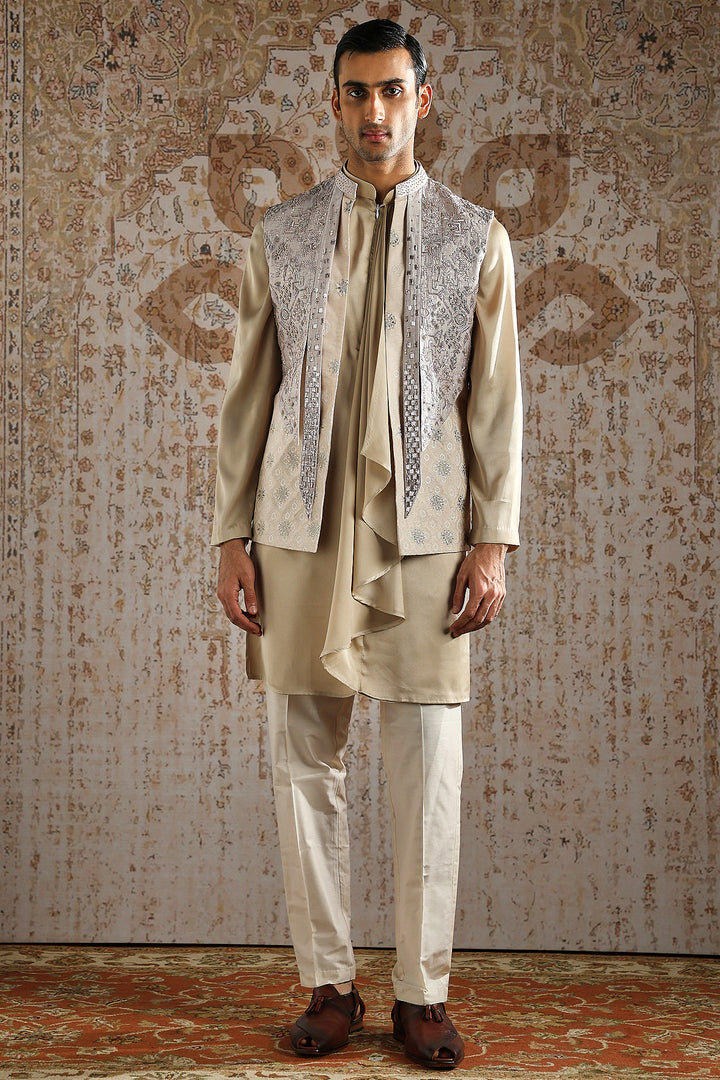 Champagne Draped Kurta with Heavy Embroidered Bundi Set