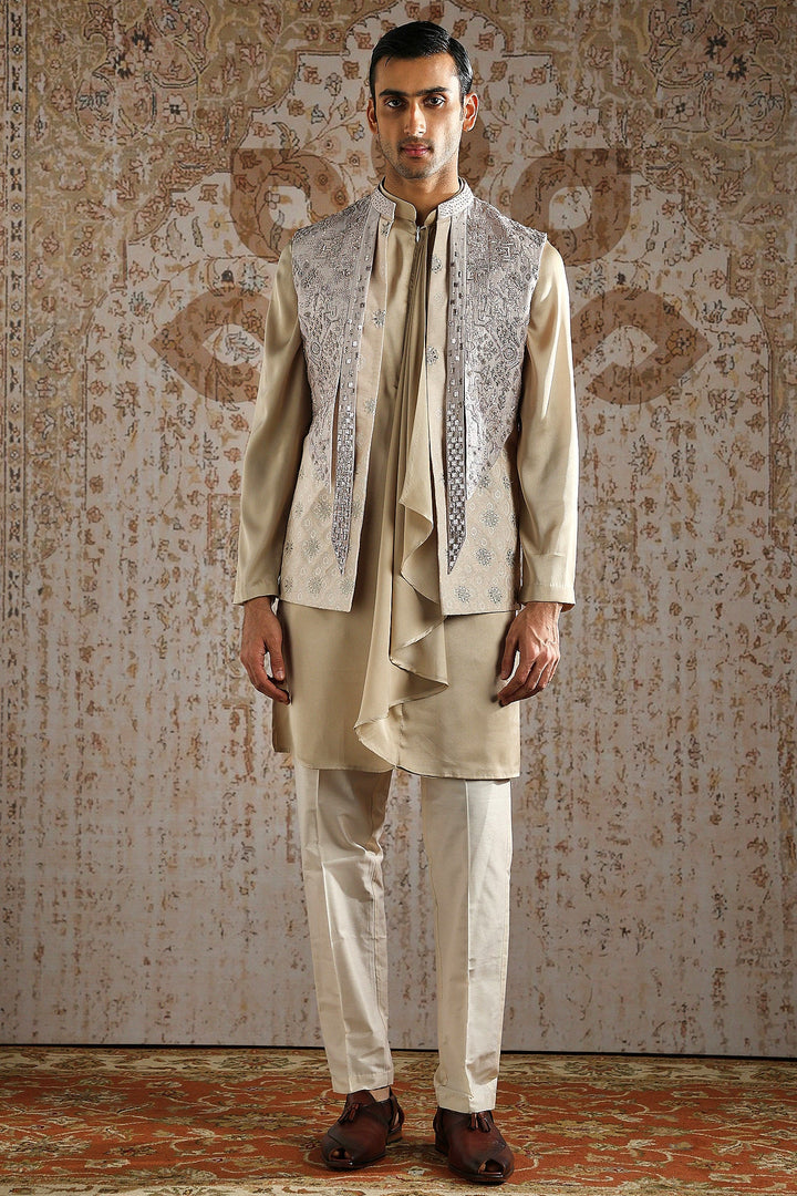 Champagne Draped Kurta with Heavy Embroidered Bundi Set