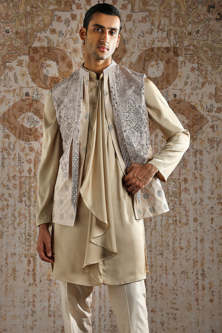 Champagne Draped Kurta with Heavy Embroidered Bundi Set