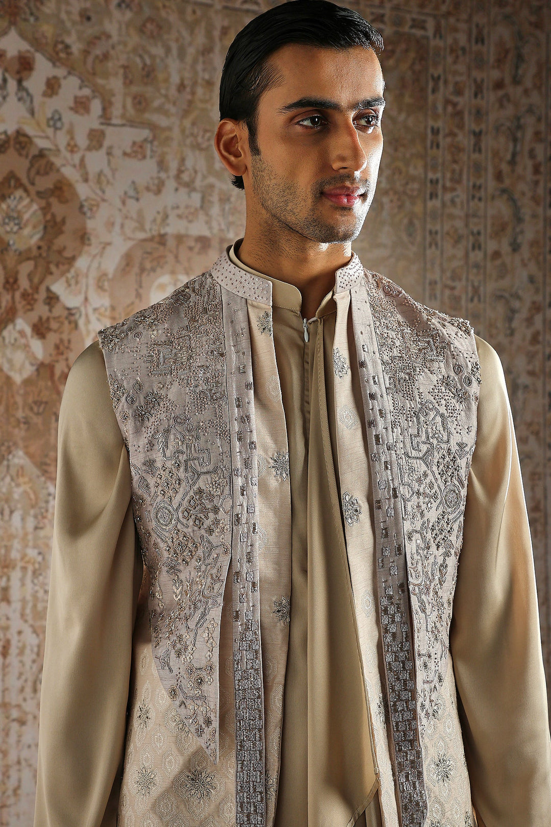 Champagne Draped Kurta with Heavy Embroidered Bundi Set