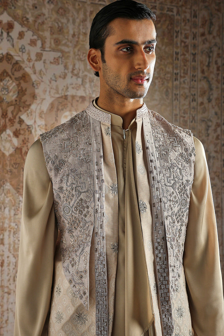 Champagne Draped Kurta with Heavy Embroidered Bundi Set