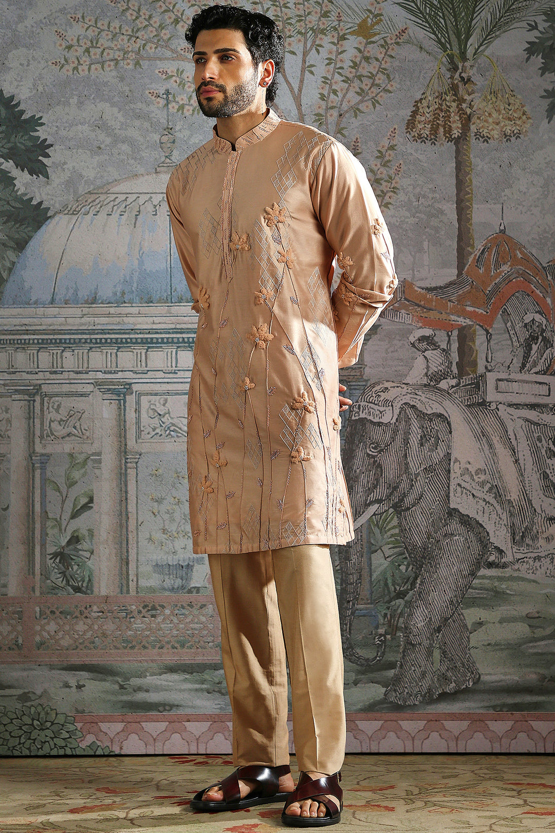Nude Diamond-Floral Textured Embroidered Kurta Set