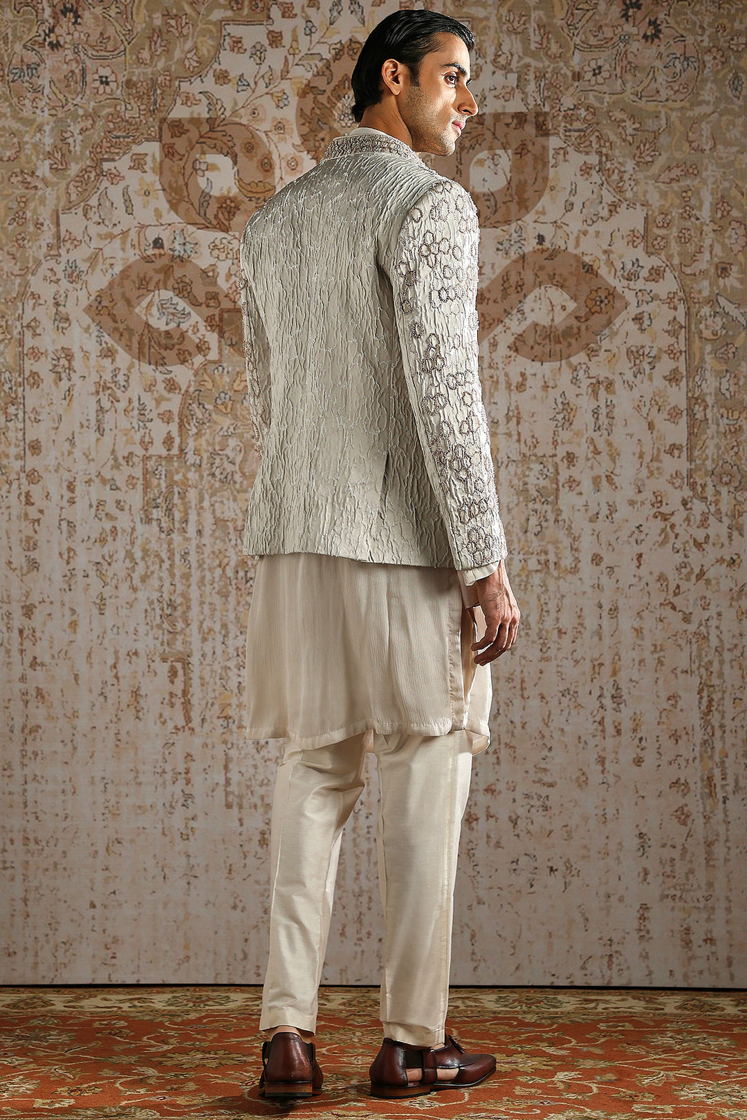 Geometric Embroidered Draped Cowl Bandhgala Set