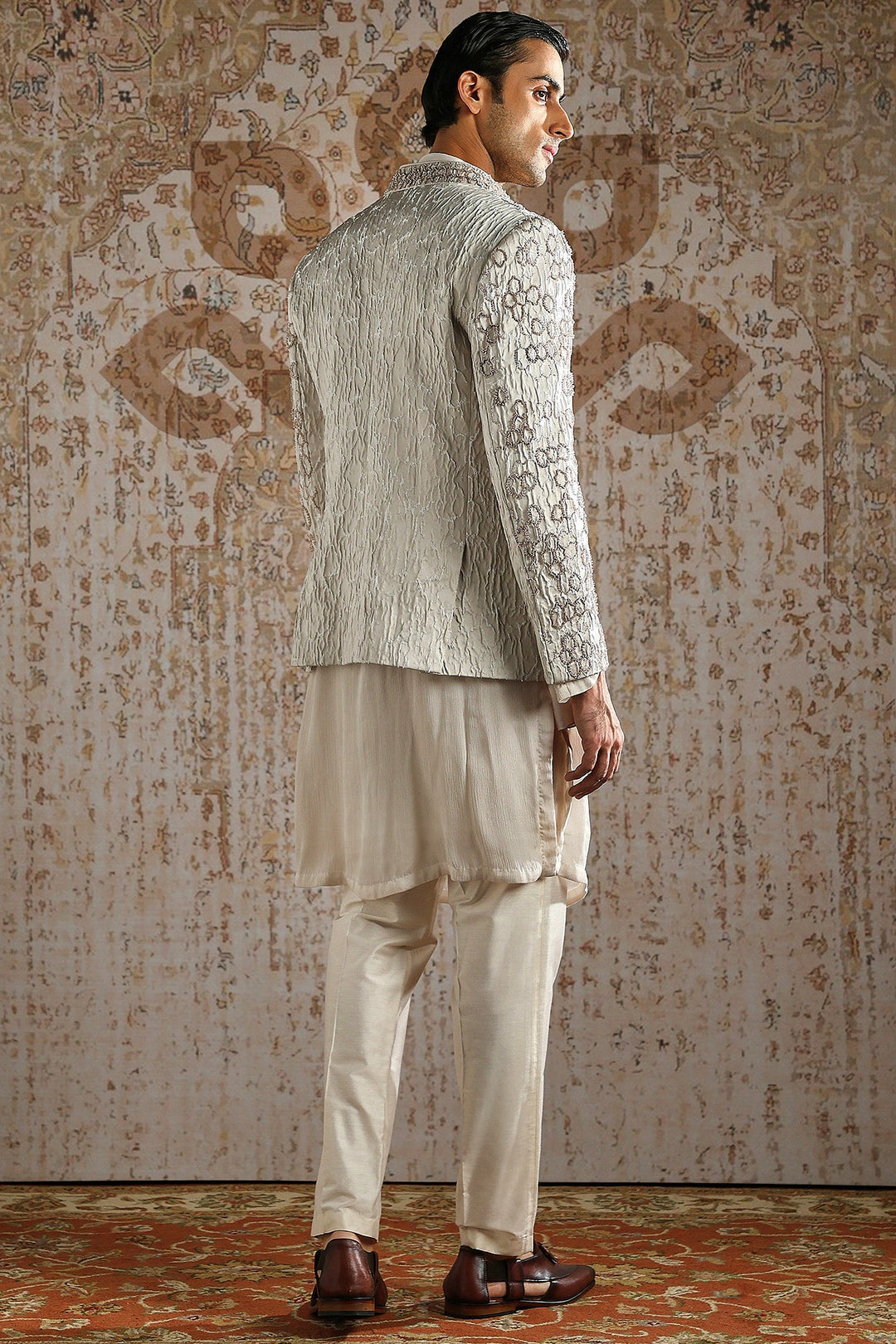 Geometric Embroidered Draped Cowl Bandhgala Set