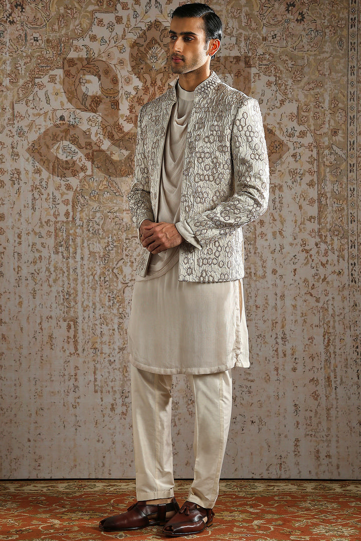 Geometric Embroidered Draped Cowl Bandhgala Set