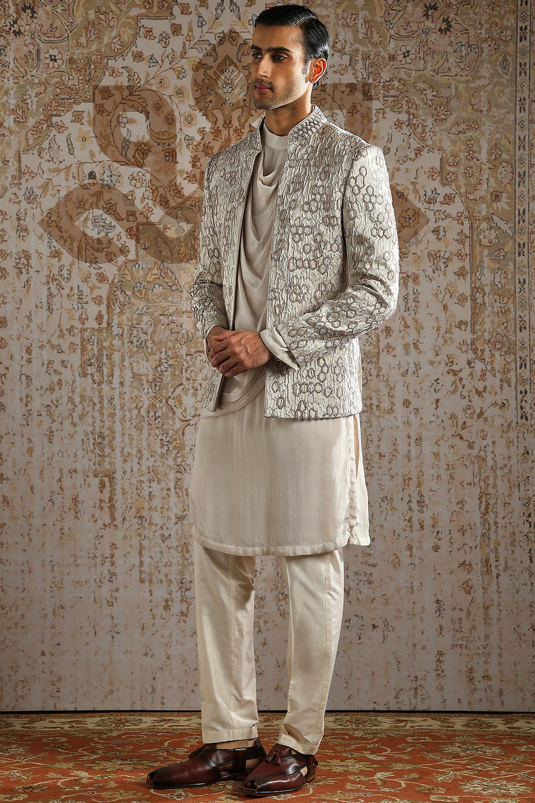Geometric Embroidered Draped Cowl Bandhgala Set