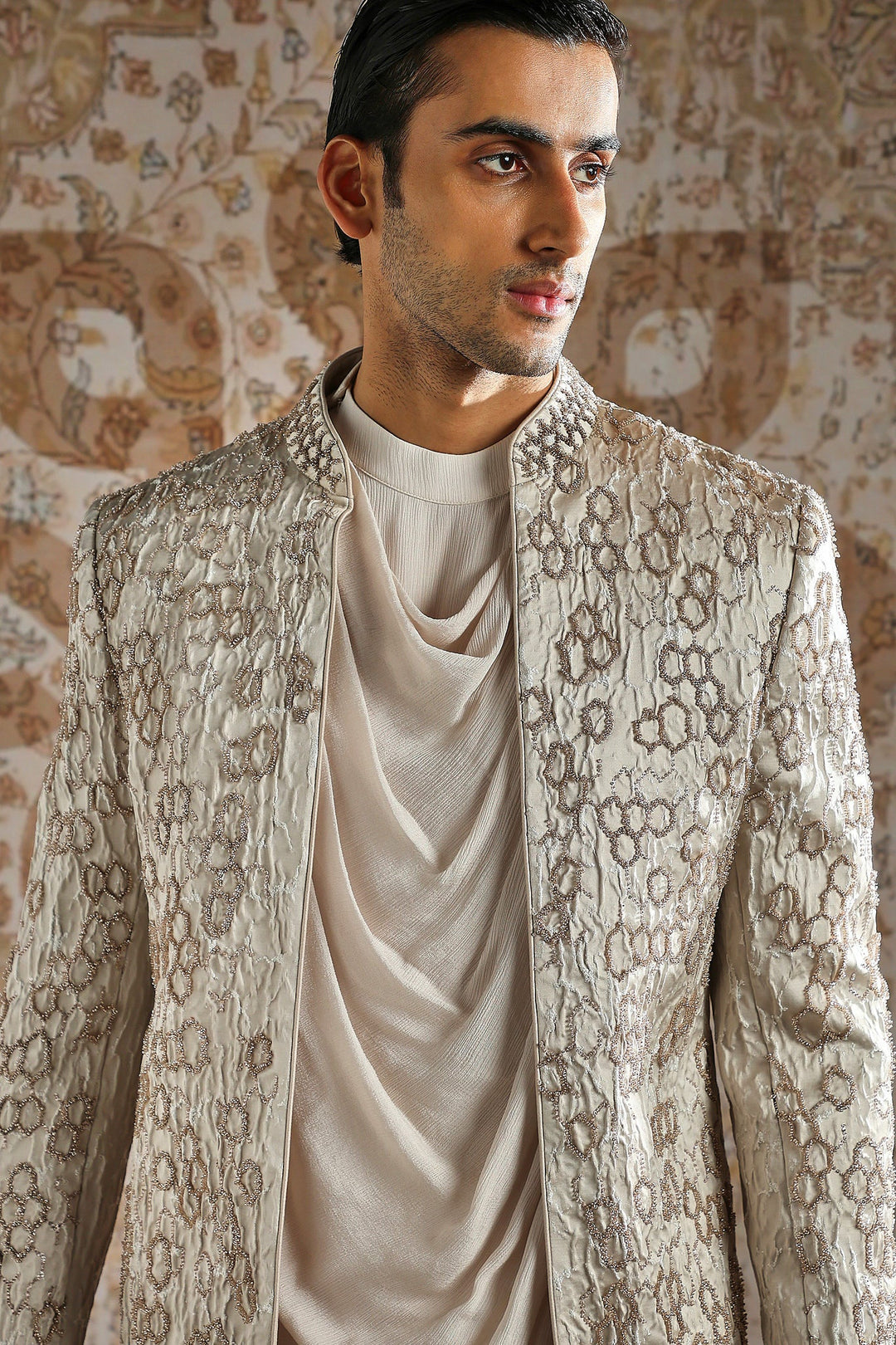 Geometric Embroidered Draped Cowl Bandhgala Set