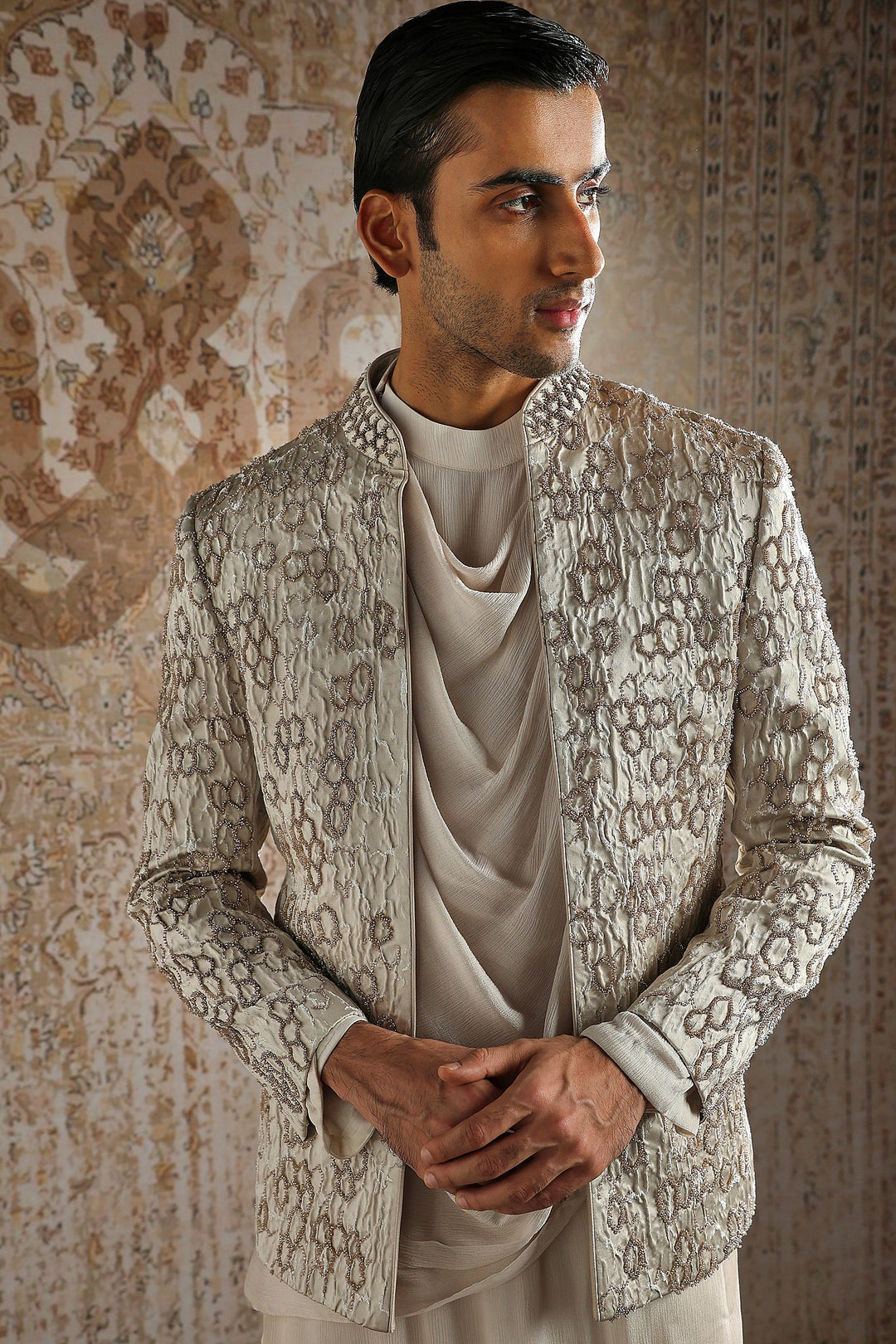 Geometric Embroidered Draped Cowl Bandhgala Set