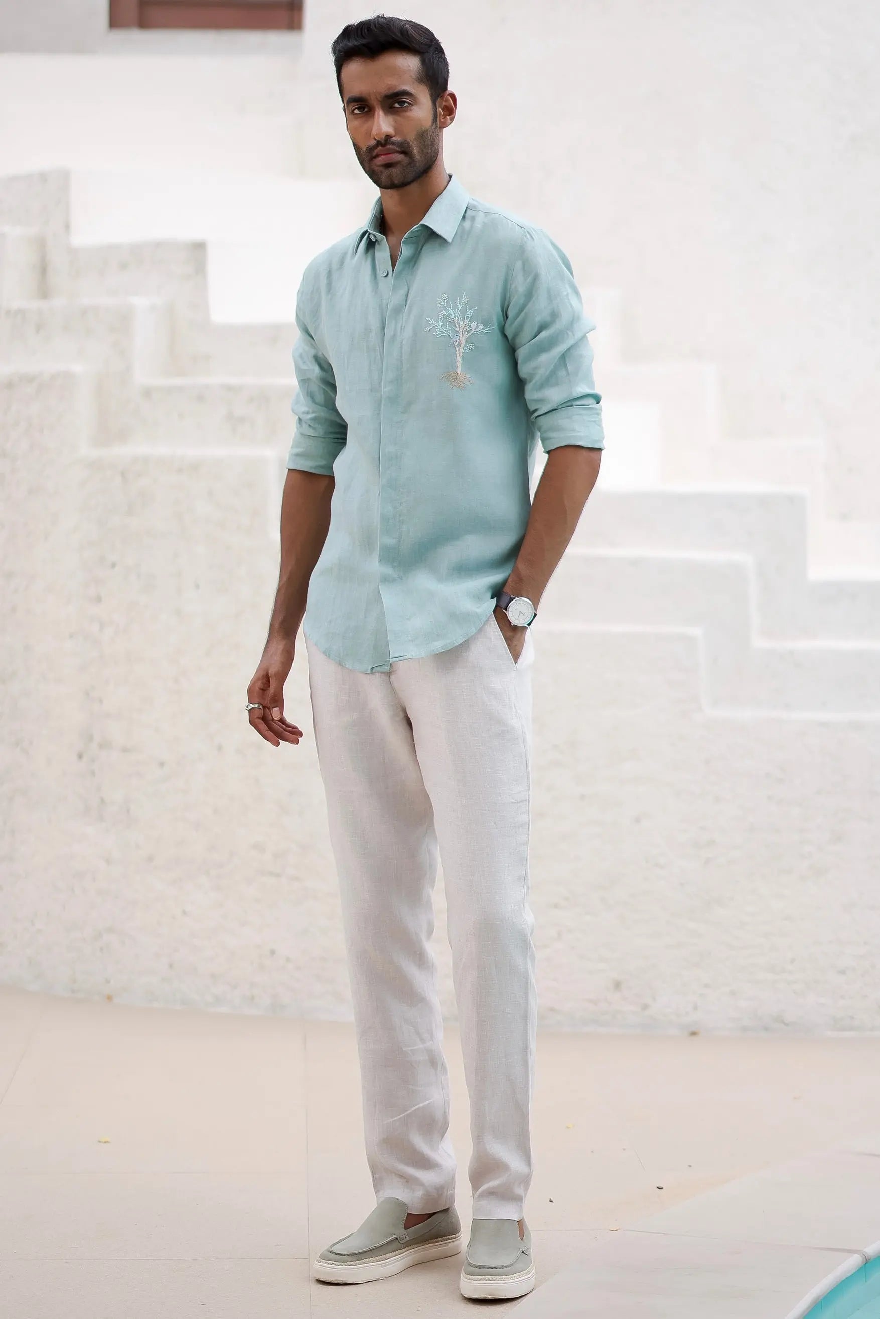 Teal Tree Embroidery Tropical Shirt | Asuka Couture