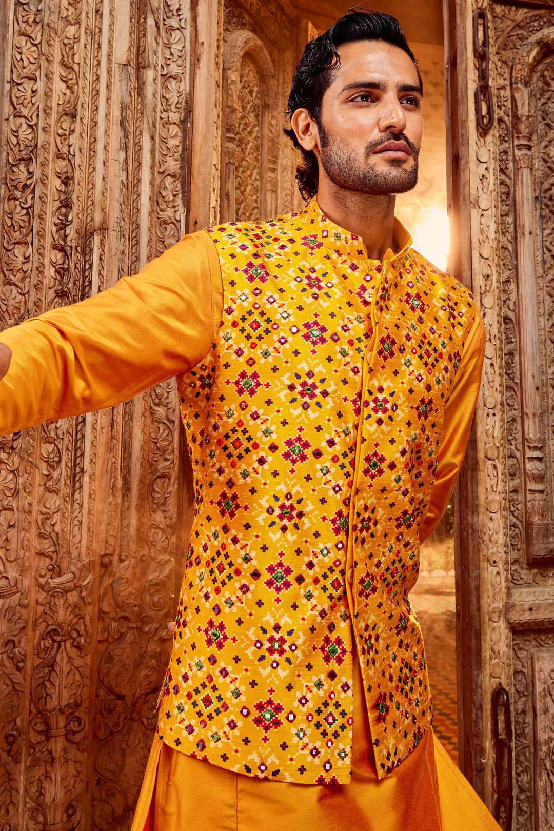 The Best Brand Haldi Raw Silk Mirror Kurta Bundi Set