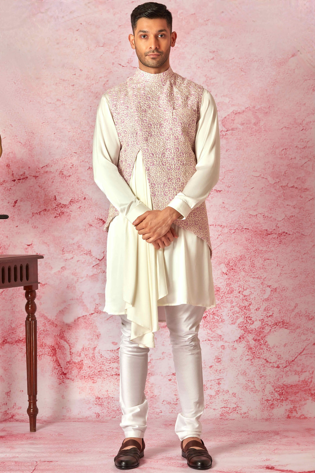 Pink Draped Asymmetrical Chanderi Silk Bundi with Ivory Satin Draped Kurta
