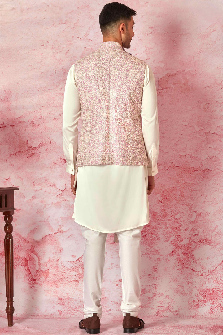 Pink Draped Asymmetrical Chanderi Silk Bundi with Ivory Satin Draped Kurta