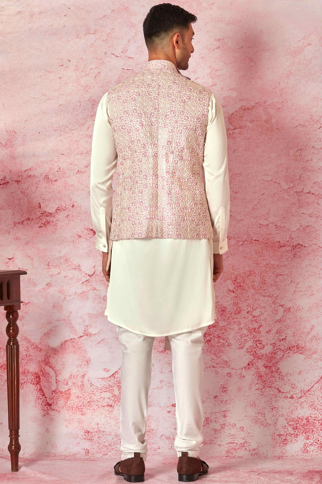 Pink Draped Asymmetrical Chanderi Silk Bundi Kurta Set