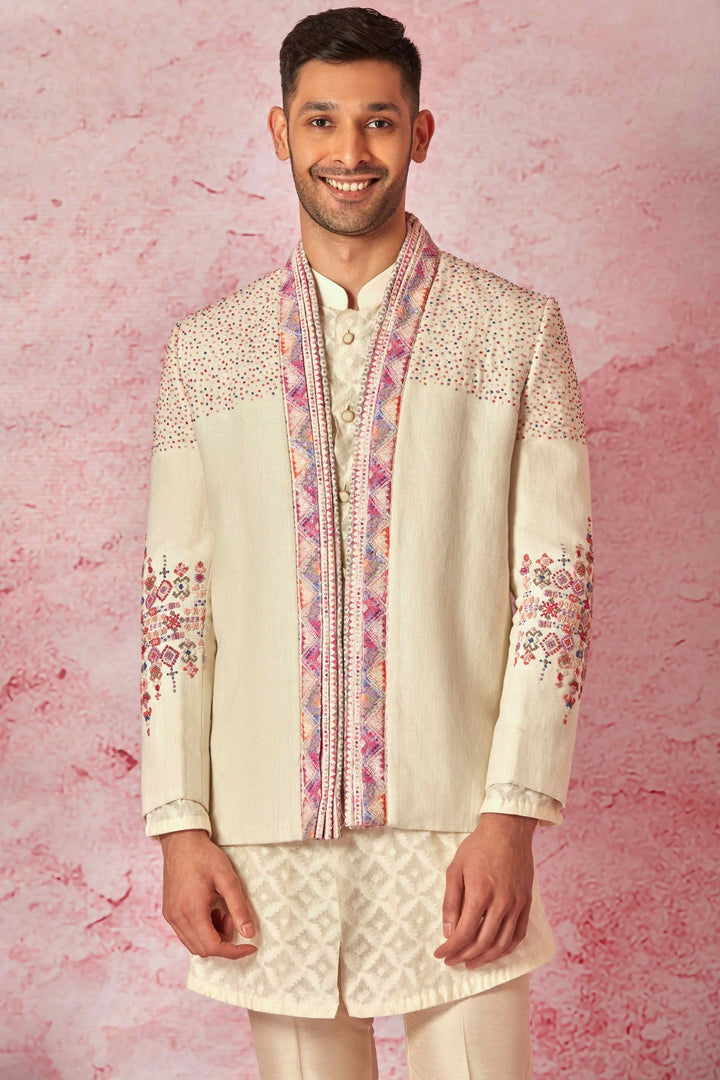 Cream Linen Bandhgala with Jacquard Silk Kurta Set