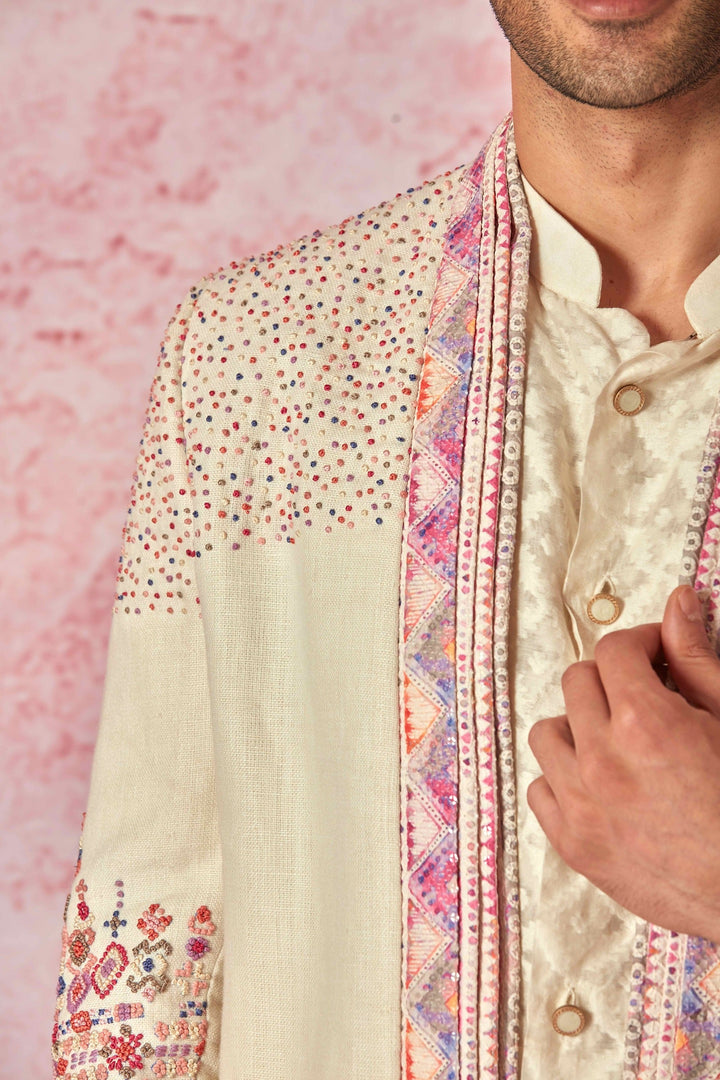 Cream Linen Bandhgala with Jacquard Silk Kurta Set