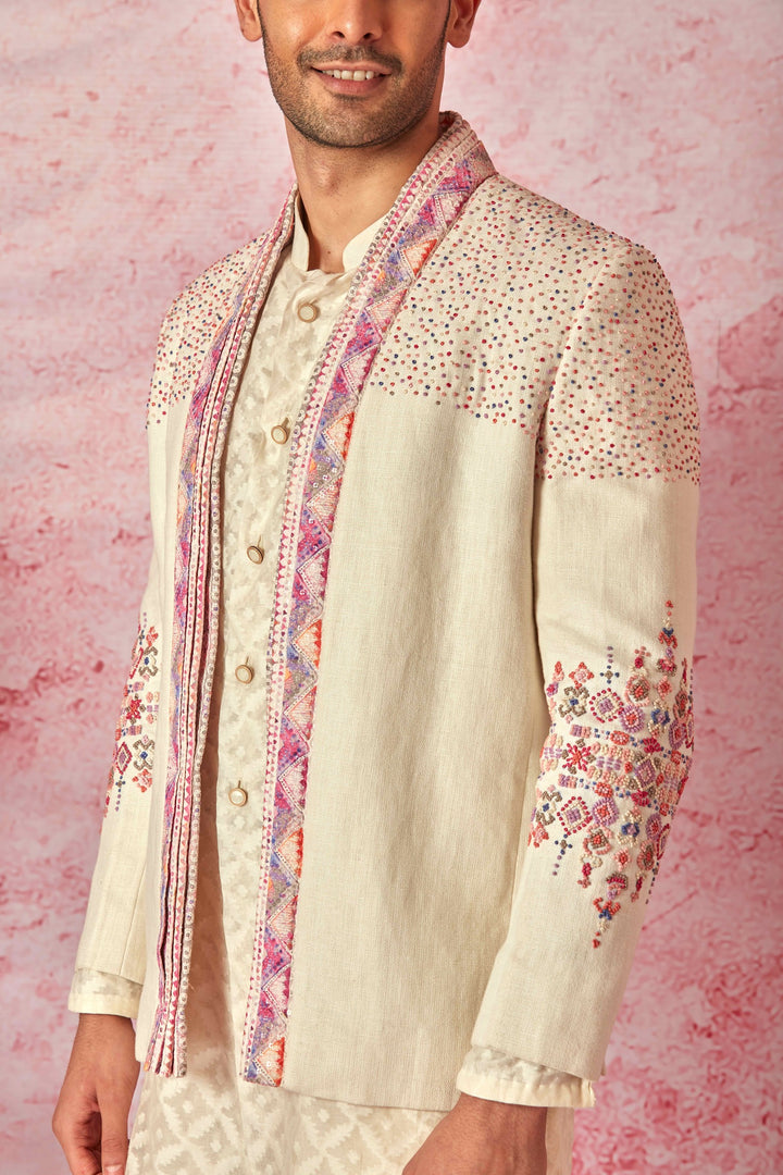 Cream Linen Bandhgala with Jaquard Silk Kurta Set