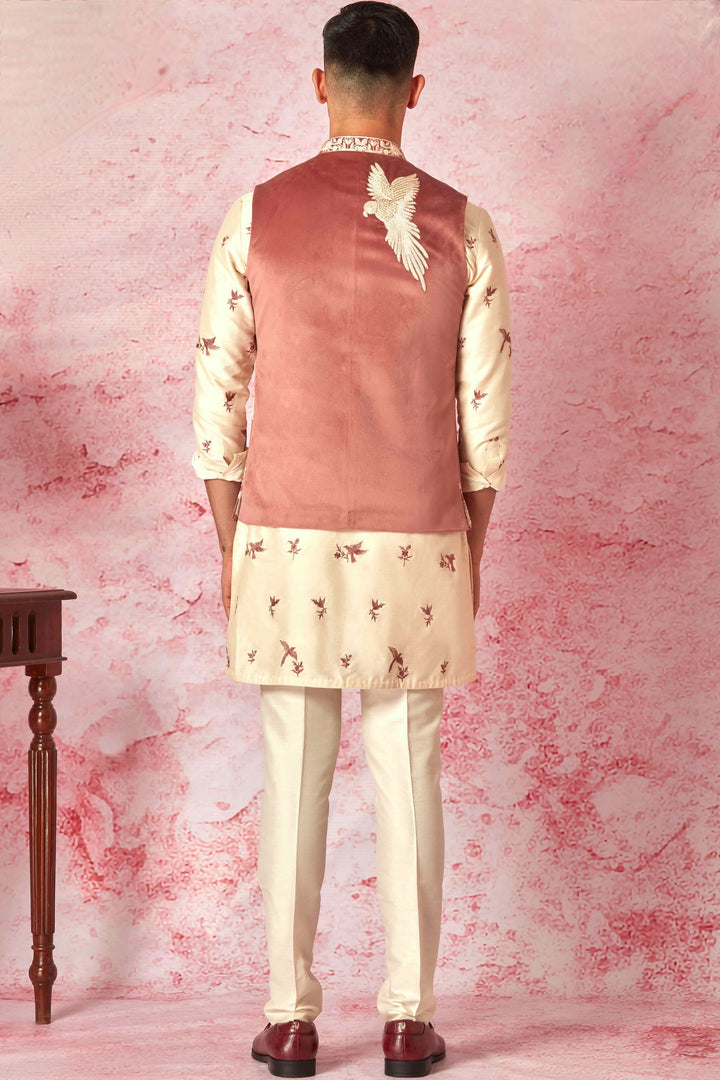 Pink Velvet Bundi with Cream Chanderi Silk Kurta Set