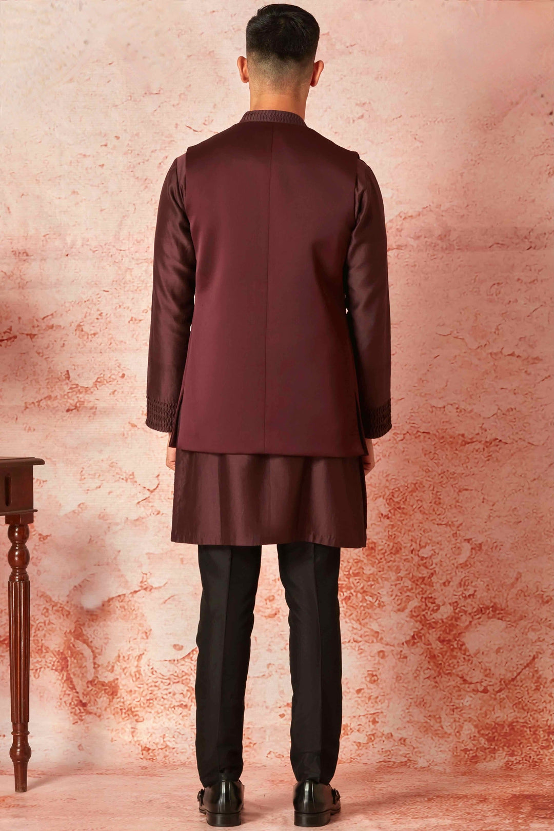 Wine Long Open Silk Bundi with Pleated Chanderi Kurta