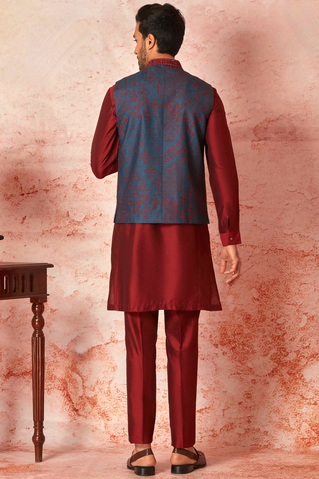 Blue Raw Silk Embroidered Bundi Set with Maroon Silk Kurta