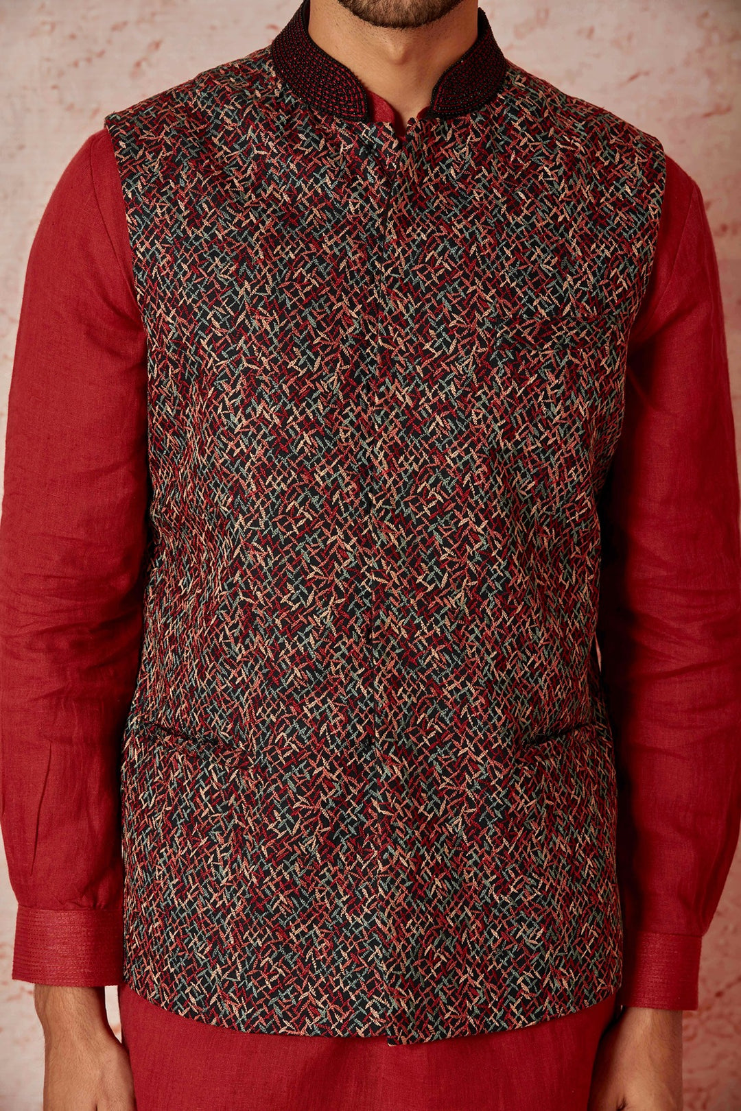 Red Linen Kurta Bundi Set with Multicolor Resham Embroidery