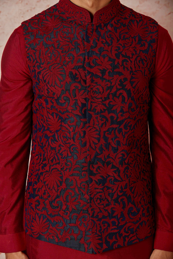 Navy Blue Raw Silk Bundi with Red Kiran Dori Embroidery