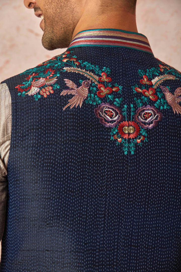 Grey Silk Kurta Bundi Set with Multicolor Resham Embroidery